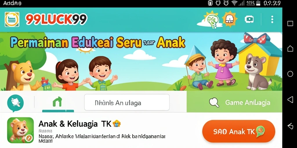 Antarmuka aplikasi 99LUCK99 yang ceria dan ramah anak.